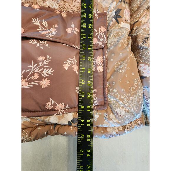 American Eagle Reversible Puffer Jacket Brown Teddy Sherpa Floral - Picture 12 of 12